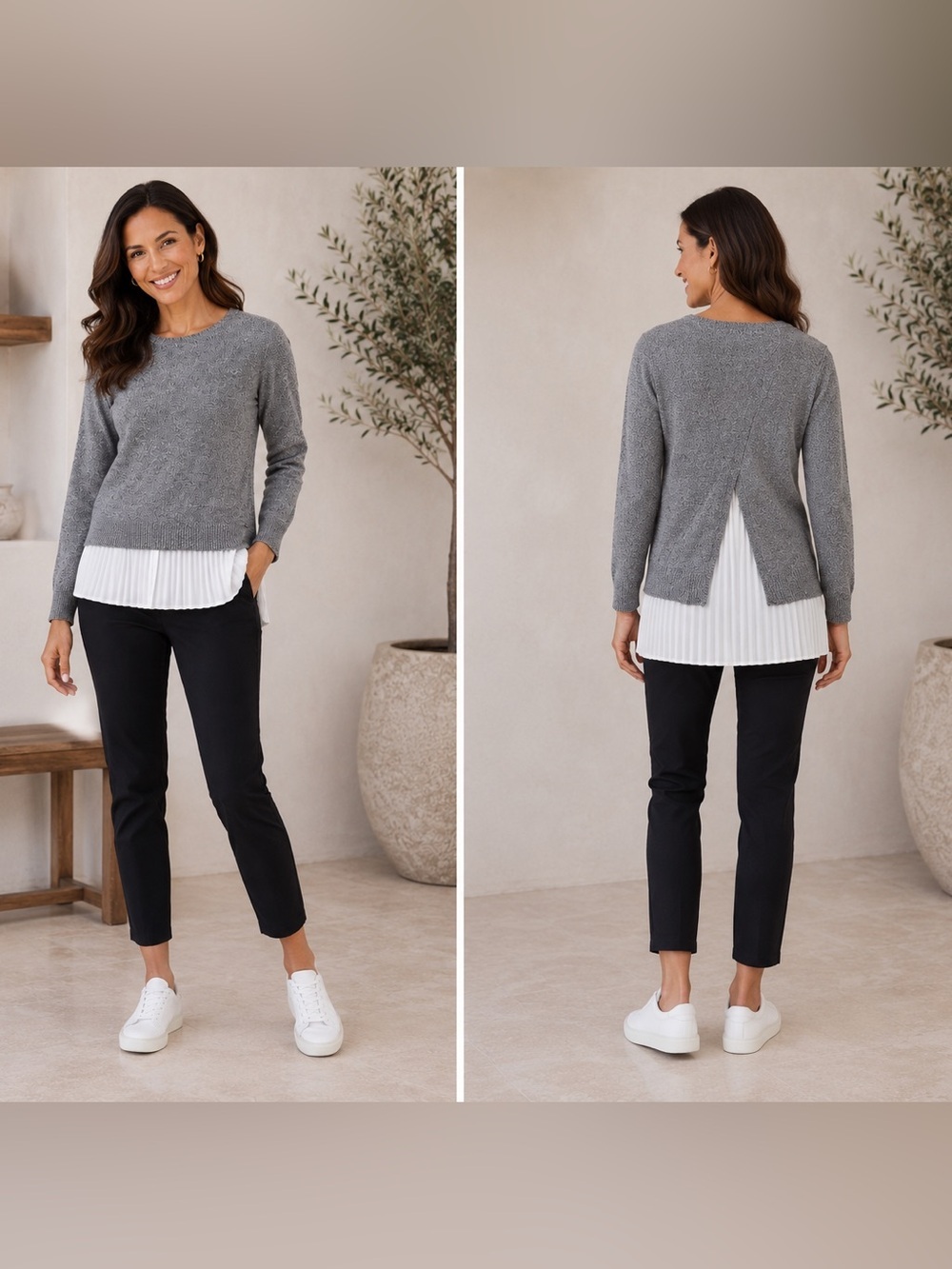 New Calvin Klein Womens Layered pullover Sweater Blouse Grey Marled Pleated Hem